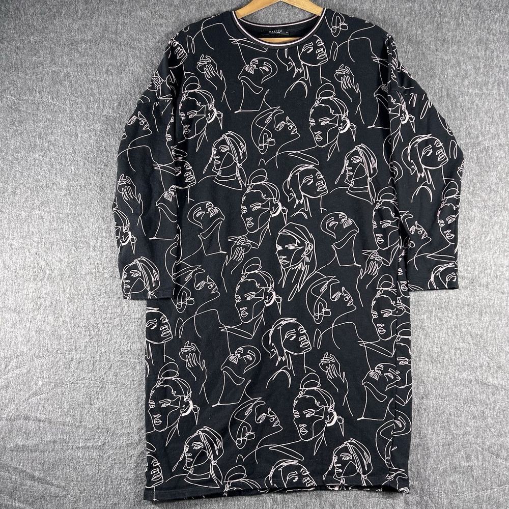 MOHITO COLLECTION Women's M Black Pink Faces Sweatshirt Dress Art To Wear